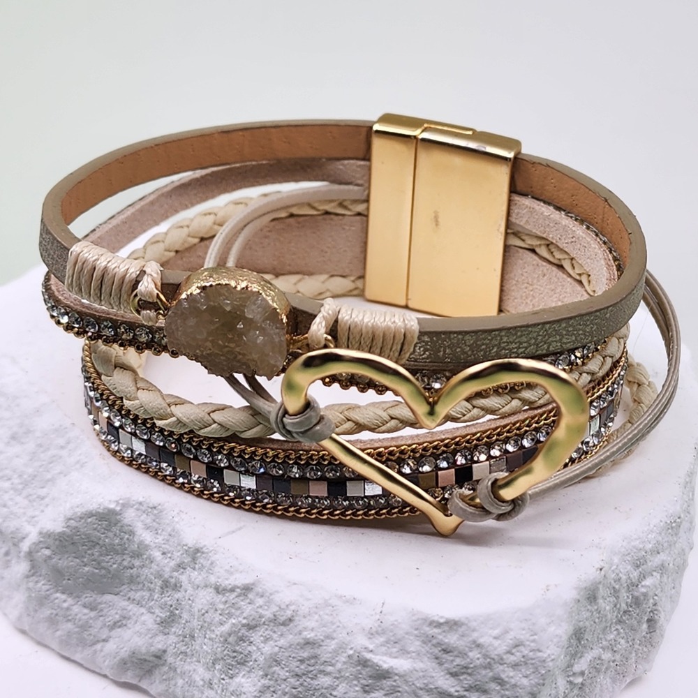 Gold Tone Heart Multi Strand Wrap Bracelet Rhinestone Braided Boho Statement